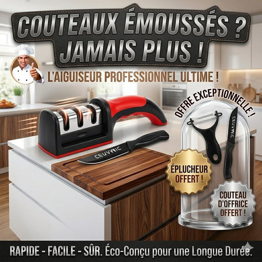 Pack Cuisine Trio :
Aiguiseur 3 Étapes
+ Couteau &
Éplucheur Offerts