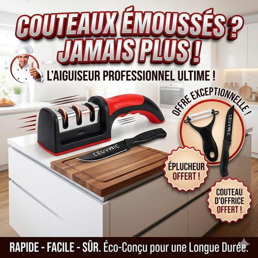 Pack Cuisine Trio :
Aiguiseur 3 Étapes
+ Couteau &
Éplucheur Offerts