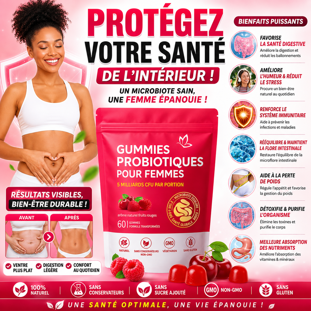 Gummies Probiotiques Femme – Ventre Plat, Équilibre Intime & Digestion Parfaite
