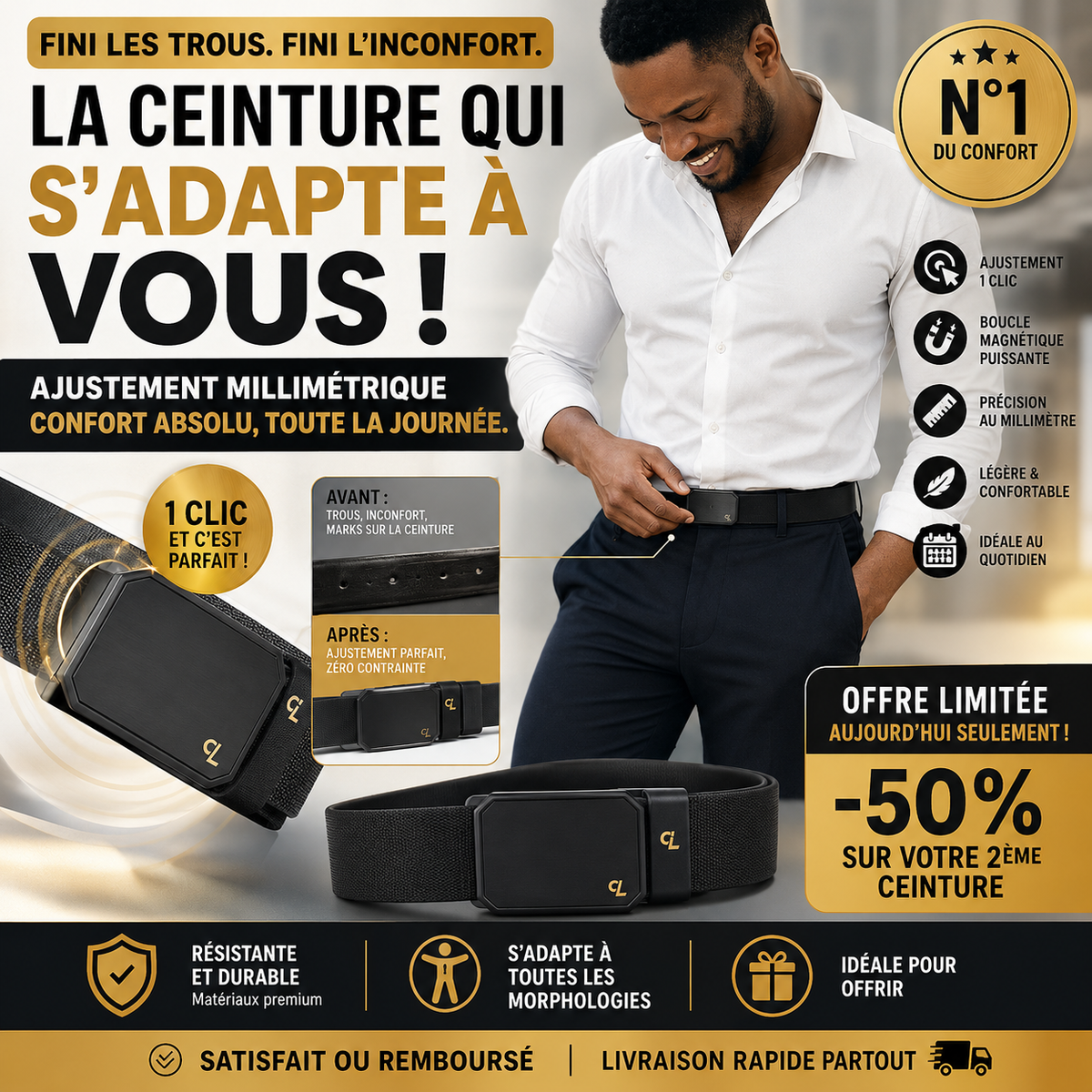 💥 La ceinture ultra-confortable qui s'adapte à la précision du chronographe à 1 seconde (et en plus, elle ne vous gênera jamais au ventre !)