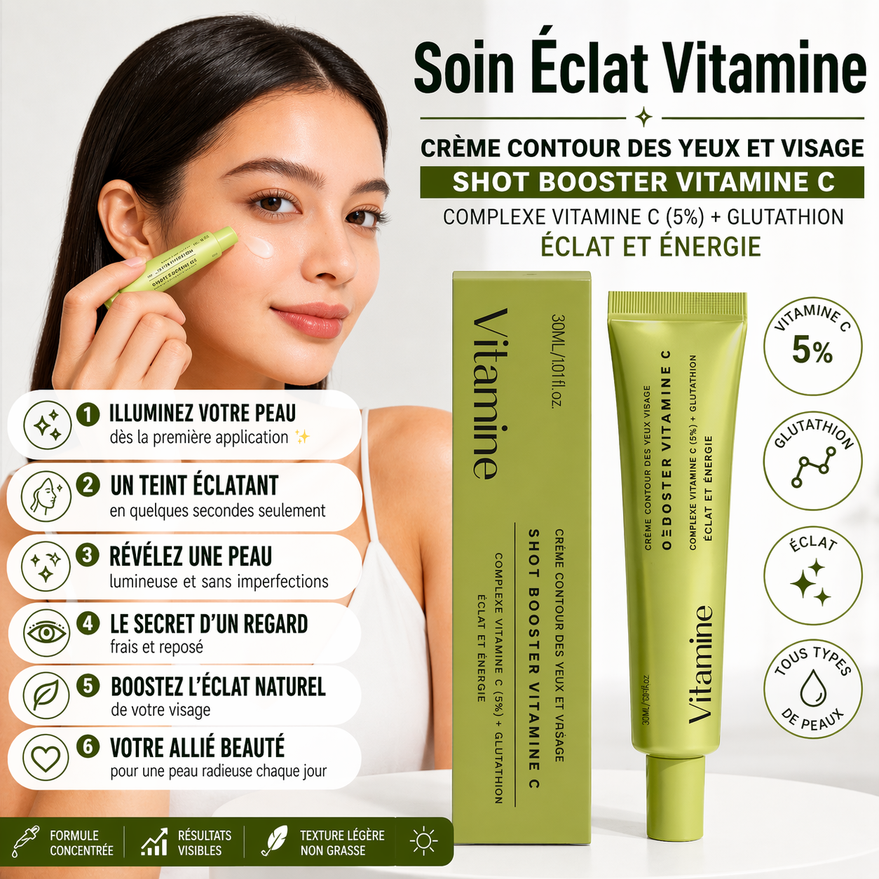 🔥 Boost Éclat Instantané – Crème Vitamine C & Glutathion pour une peau parfaite en quelques secondes