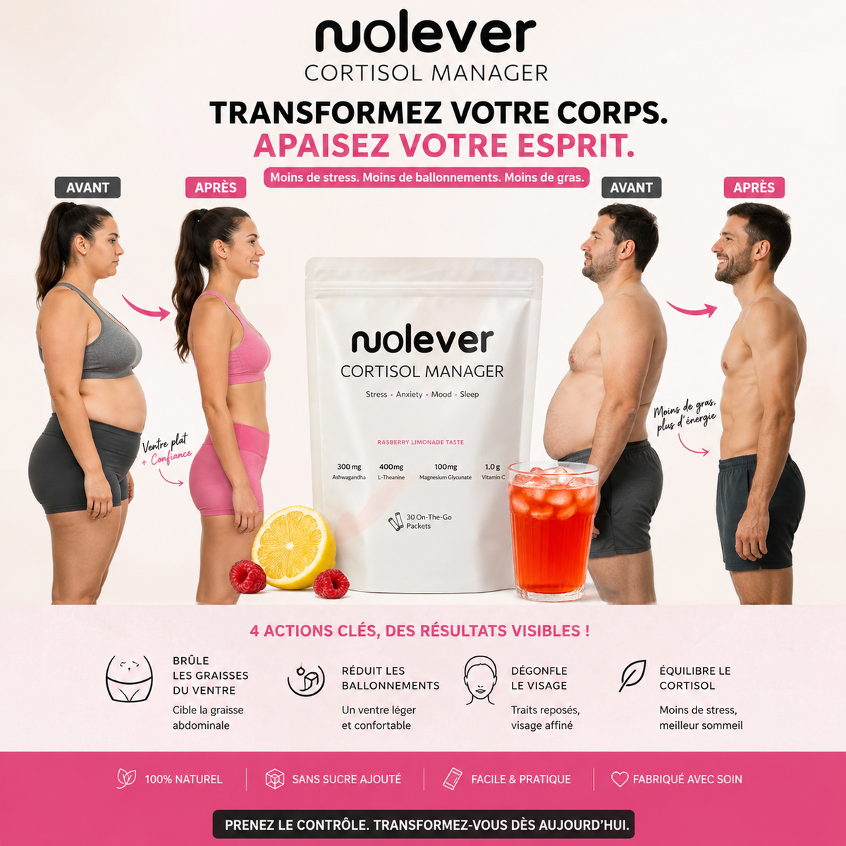 Retrouvez un ventre plat et un visage plus fin naturellement ! Nuolever Cortisol Manager