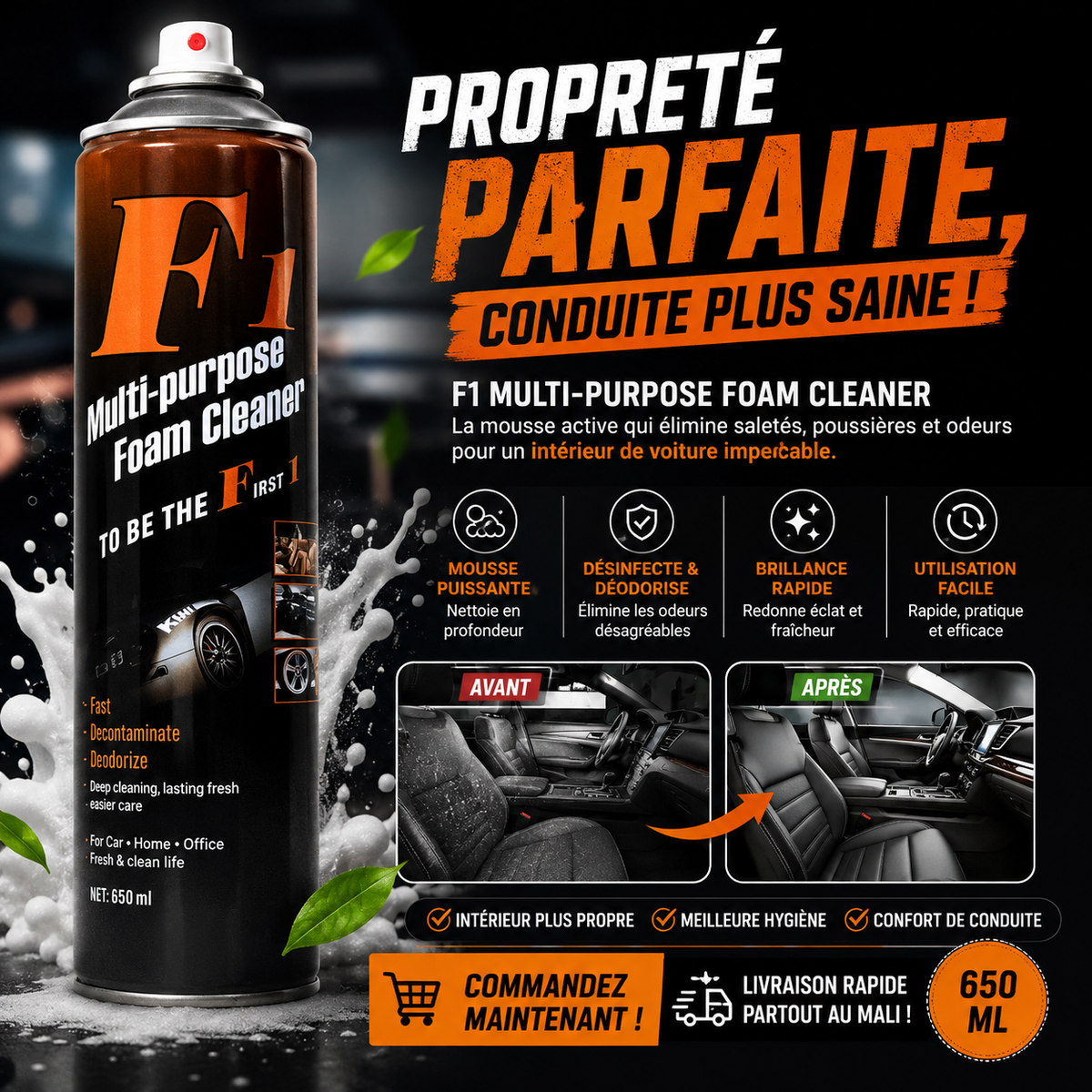 Nettoyant Mousse Active F1 Multi-Usage + Brosse Intégrée (650ml)