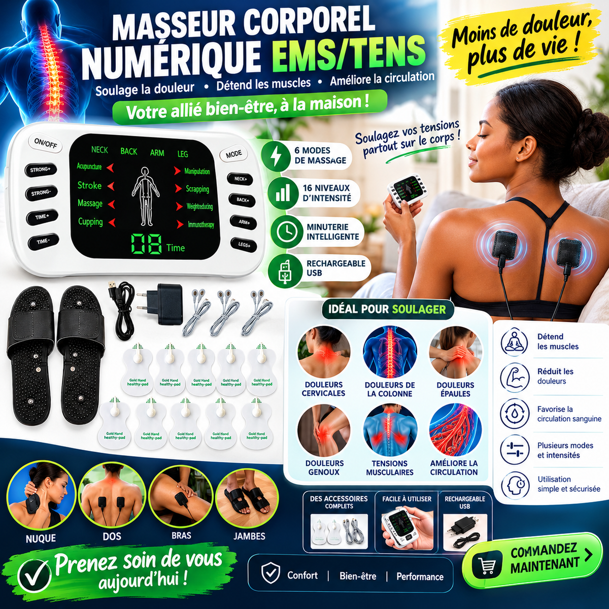 Appareil de Physiothérapie EMS avec Chaussons Thérapeutiques – Soulage les Douleurs, Détend les Muscles et Stimule la Circulation