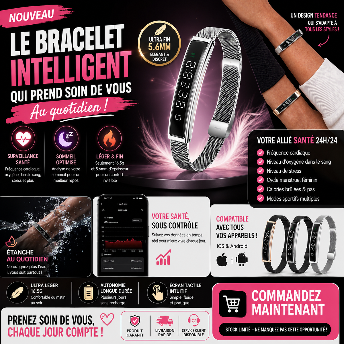 35,000 f cfa 💎 Bracelet Intelligent Santé Premium – Suivi Cardiaque, Sommeil, Oxygène & Activité 24h/24.