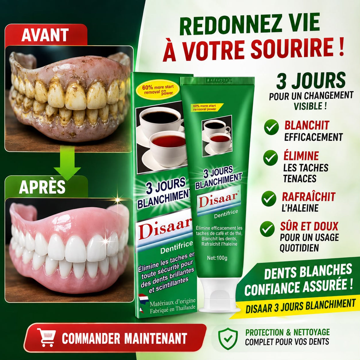 🦷 Disaar Denture Blanc™ — Redonnez un Éclat Blanc à Votre Dentier en 3 Jours !