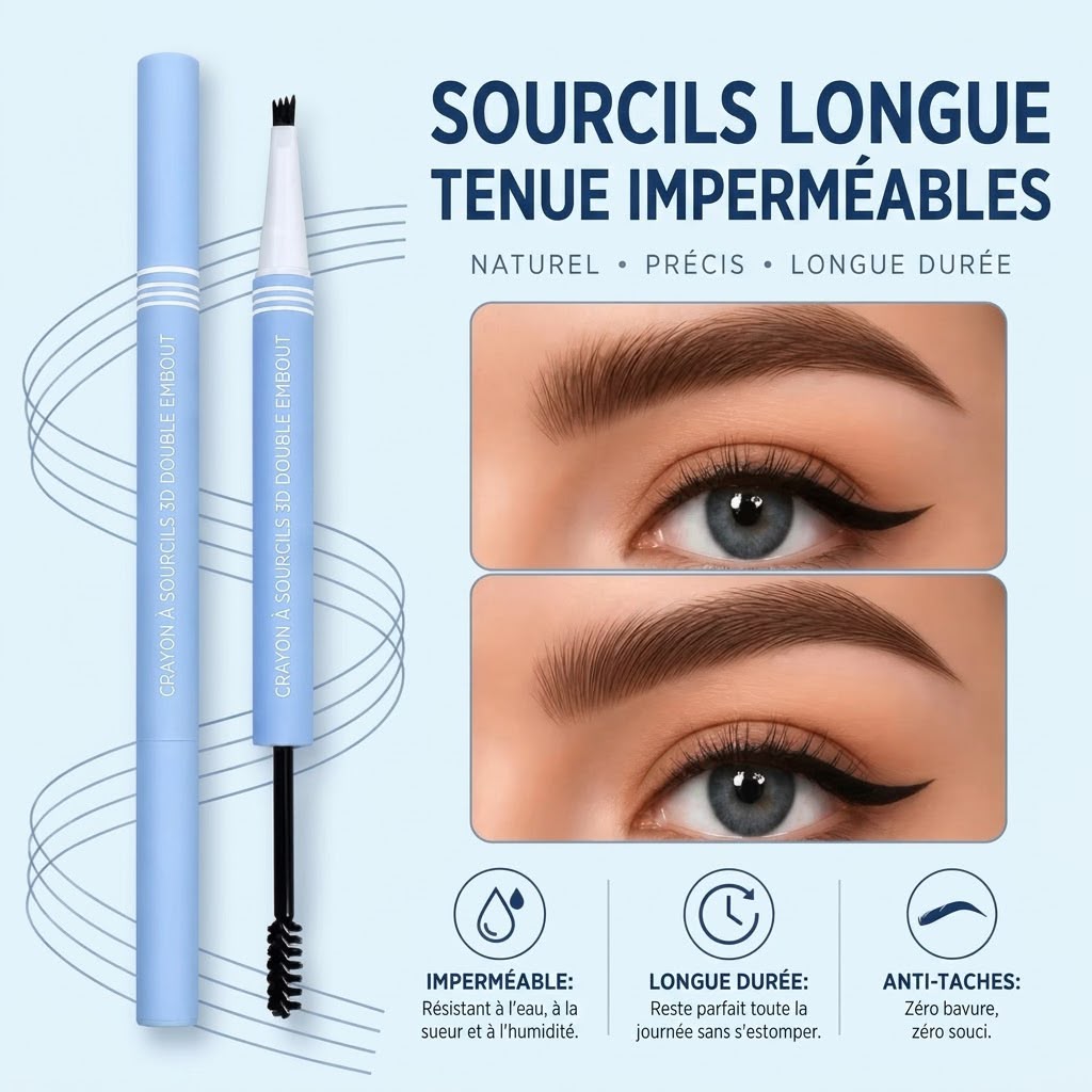 Crayon à Sourcils 2-en-1 à Double Embout – Pointe 4 Griffes, Effet Poil à Poil, Waterproof & Longue Tenue pour des Sourcils Parfaits ! 🔥